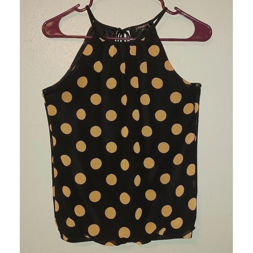 Express Halter Top Womens Black Tan Polka Dot Bubble Hem Blouse XS